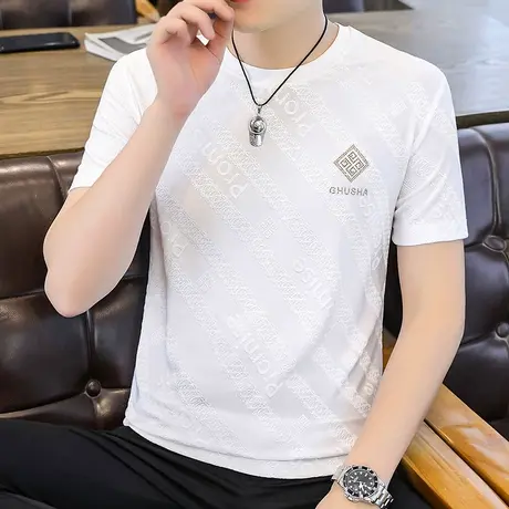 冰丝短袖T恤男圆领烫钻潮流休闲大码体恤修身镶钻半袖爸爸装上衣商品大图