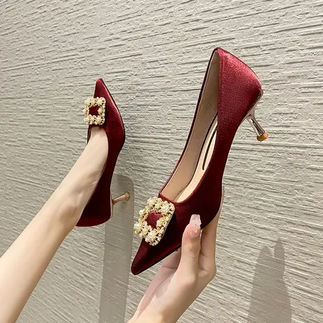 高跟鞋女2024年新款春秋季百搭尖头时尚水钻珍珠方扣气质细跟单鞋商品大图