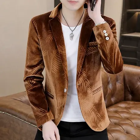 春秋季潮流轻奢平绒西服男士金丝绒休闲提花外套痞帅气时尚小西装图片