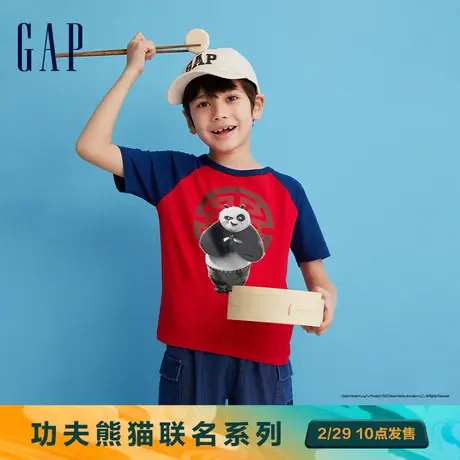 【功夫熊猫联名】Gap男女童春2024新款洋气印花撞色短袖T恤890576商品大图
