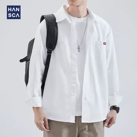 hansca春季新款日系潮流长袖衬衫男纯色翻领痞帅宽松大码休闲外套商品大图