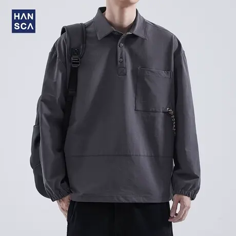 hansca山系POLO领衬衫男秋季复古潮牌纯色落肩设计感户外长袖衬衣图片