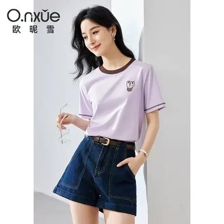 欧昵雪2024夏季新品T恤女短袖罗纹圆领兔子绣花纯棉薄款小众上衣商品大图
