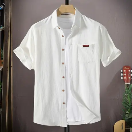 白色棉麻短袖衬衫男夏季新款男士纯棉半袖衬衣男生休闲纯色上衣服商品大图