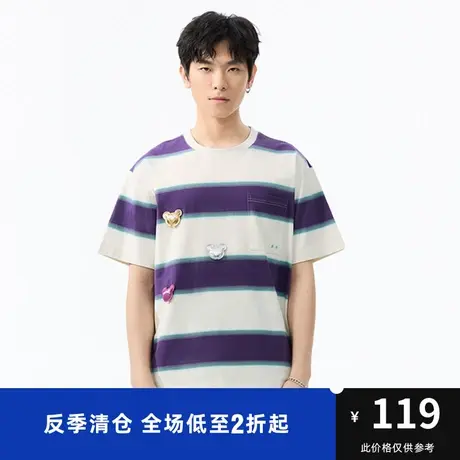 马克华菲色织横条小熊装饰长绒棉短袖T恤男时尚夏季新款廓版潮流图片