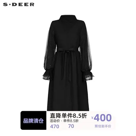 sdeer圣迪奥高领收腰网纱拼接花边连衣裙S233D1215图片