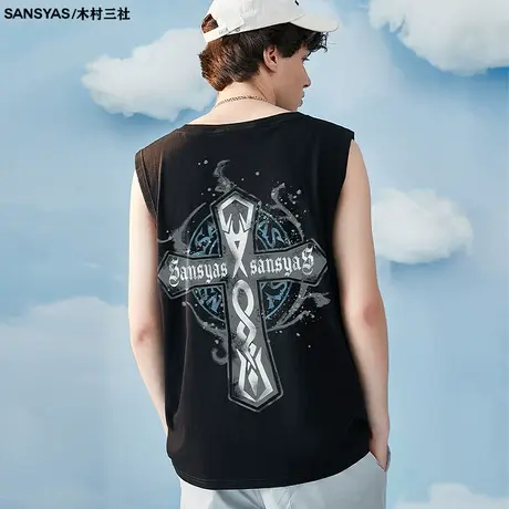 木村三社x救赎系列 十字架无袖运动背心男潮夏季宽松休闲坎肩穿搭图片