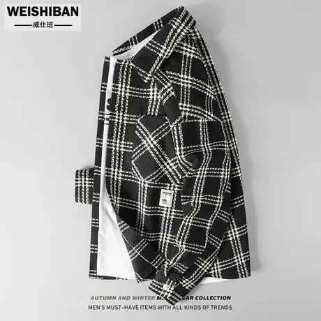 原创潮牌粗毛呢编织黑白格纹长袖外套男衬衫小香风宽松衬衣男夹克商品大图