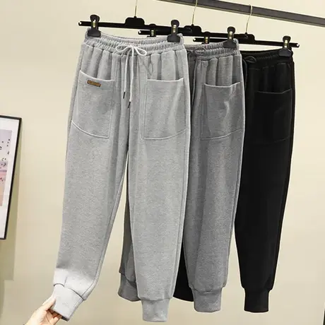 2023秋冬季新款加绒卫裤女欧洲站加厚哈伦裤灰色运动裤休闲束脚裤图片