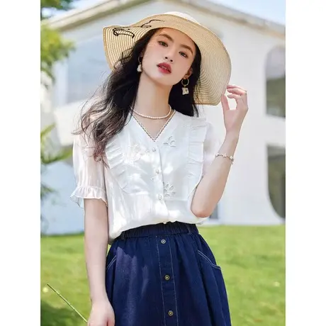 时尚天丝短袖衬衫2023年夏季新款淑女温柔V领显瘦通勤泡泡袖上衣商品大图