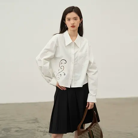 omont蛋挞家 纯棉镂空长袖衬衫2023秋季新款白色宽松短款上衣衬衣图片