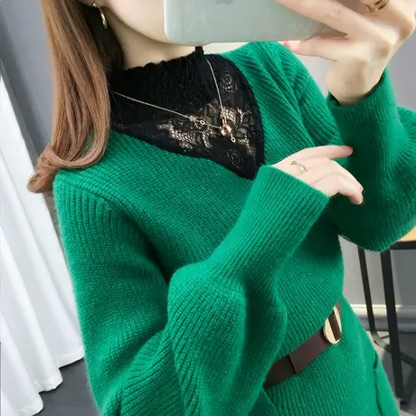 蕾丝领针织打底裙女中长款2023年秋冬新款韩版收腰气质毛衣裙洋气商品大图