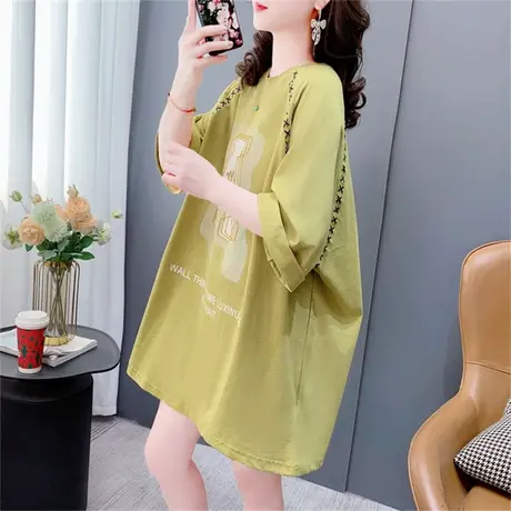 中长款圆领短袖T恤女2023年新款夏季宽松慵懒风洋气显瘦时尚上衣商品大图