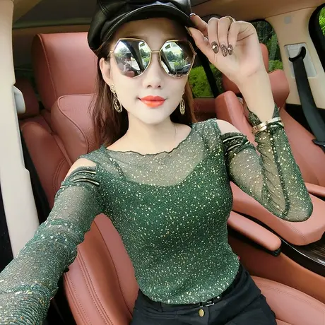 ins超火的设计感上衣女秋2023新款性感透视露肩长袖T恤修身打底衫商品大图