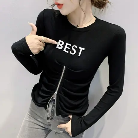 韩国东大门时尚拉链开叉T恤女长袖春秋设计感小众上衣百搭打底衫商品大图