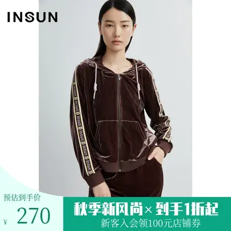 恩裳春季新款字母印花条纹宽松休闲运动丝绒连帽卫衣女图片