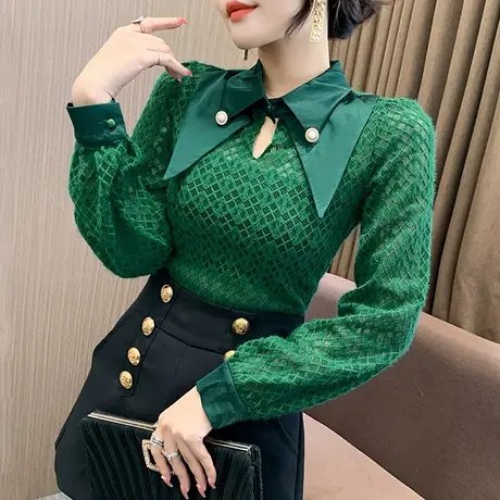 性感气质蕾丝衫女长袖2023新款洋气POLO领上衣修身显瘦雷丝打底衫图片