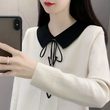 早秋新款2023年娃娃领针织衫女爆款长袖套头毛衣短款上衣宽松时尚商品大图