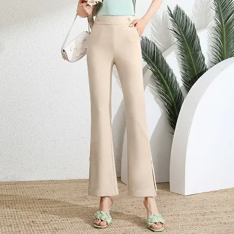 冰丝麻开叉喇叭裤女夏季薄款2023新款垂感显瘦长裤气质微喇休闲裤商品大图