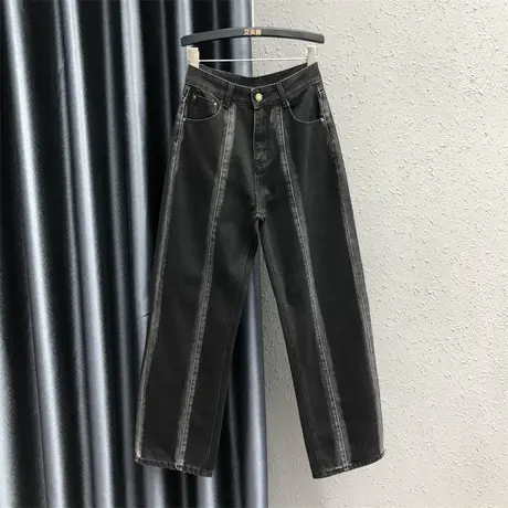 23秋季新款个性条纹拼色休闲牛仔裤女高腰宽松显瘦百搭直筒阔腿裤商品大图