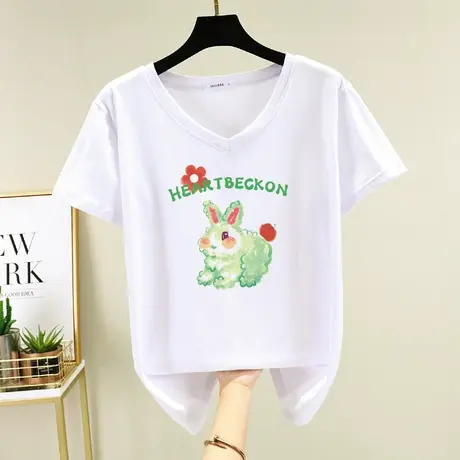 短袖v领t恤女白色纯棉设计感上衣小清新兔子印花高级感宽松半袖潮图片