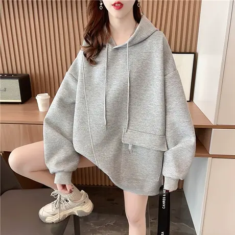 设计感小众卫衣女春秋季韩版宽松大码薄款小个子纯色华夫格外套潮商品大图