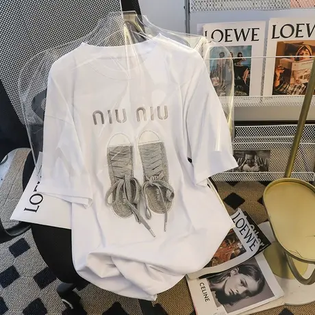 纯棉设计感高街短袖t恤女2023春夏新款宽松ins潮牌别致正肩上衣服图片