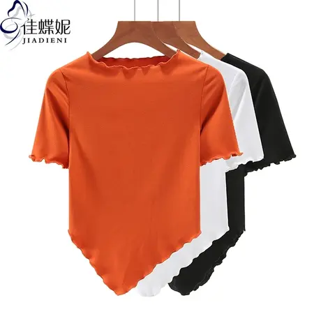 夏季新款韩版圆领纯棉修身纯色荷叶边短款纯欲短袖体恤上衣女打底商品大图