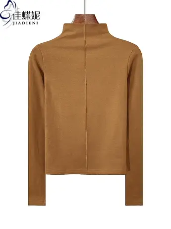 早秋新款半高领修身纯欲短款纯棉压线拼接长袖体恤上衣女装打底衫商品大图