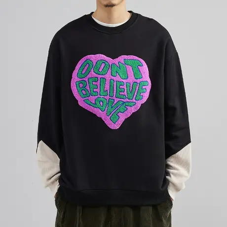 爱心植绒帅气卫衣男士春秋2022新款拼接宽松潮流潮牌百搭男装上衣图片