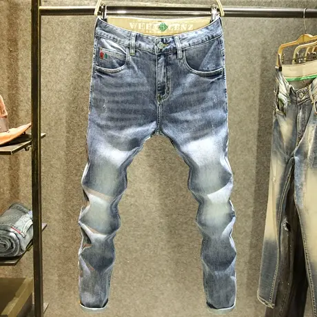 夏季小众刺绣牛仔裤男款时尚修身小脚裤潮流百搭水洗耐磨休闲长裤商品大图