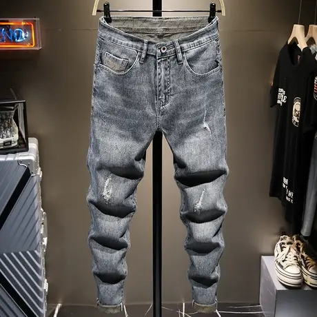 夏季薄款潮牌破洞牛仔裤男修身小脚男士休闲长裤子男日系复古做旧图片