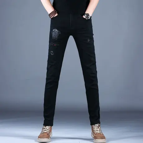 2023新款百搭牛仔裤子黑色百搭时尚修身刺绣小脚裤男潮牌破洞棉弹商品大图
