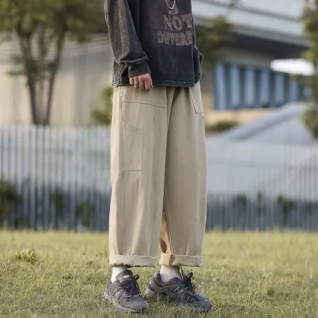 卡其色日系工装裤子男款夏季宽松直筒阔腿裤港风潮牌复古休闲长裤商品大图