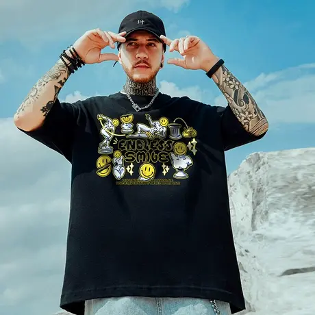 国潮t恤男短袖夏季 白色纯棉港风大码宽松体恤ins潮流男装 打底衫商品大图