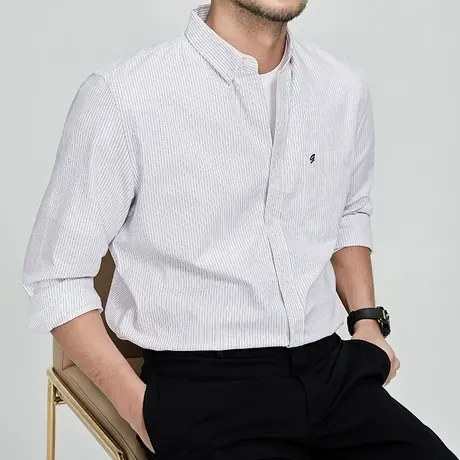 格慕施全棉衬衫男长袖秋季中青年商务条纹休闲大码宽松纯棉衬衣男图片