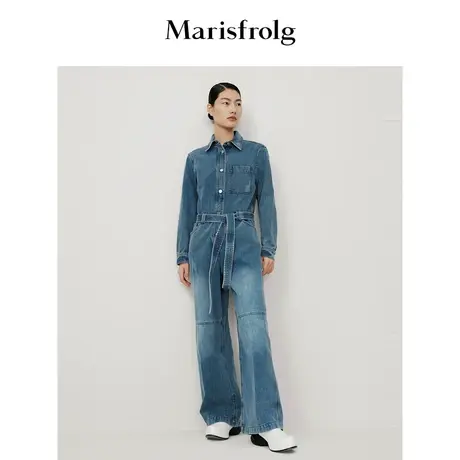 【经典牛仔】玛丝菲尔时尚休闲工装风设计收腰牛仔连体裤套装女图片