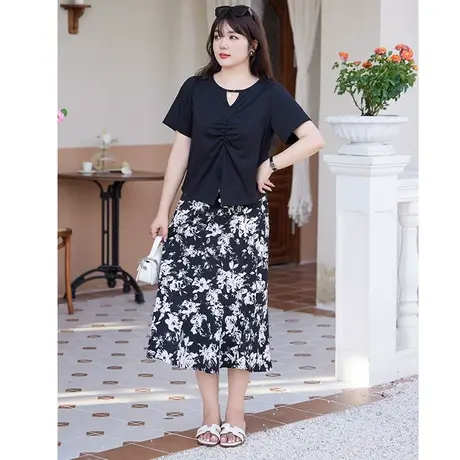 大码女装显瘦胖MM上衣短袖2023夏季新款小心机套头宽松黑色针织衫商品大图