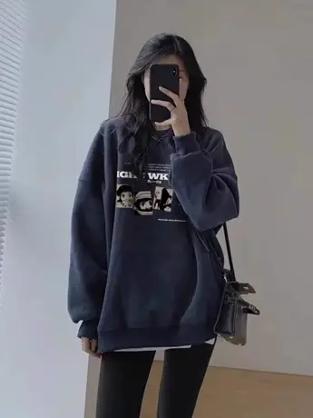 胖mm大码圆领卫衣女装春秋款美式复古加绒加厚港味chic上衣200斤商品大图
