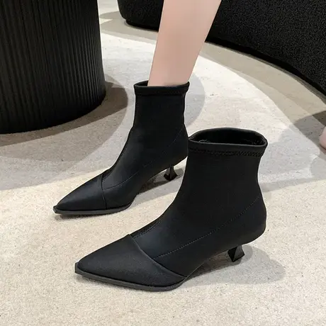永希马丁靴女2023春秋季新款法式时尚气质瘦瘦靴细跟高跟尖头短靴图片