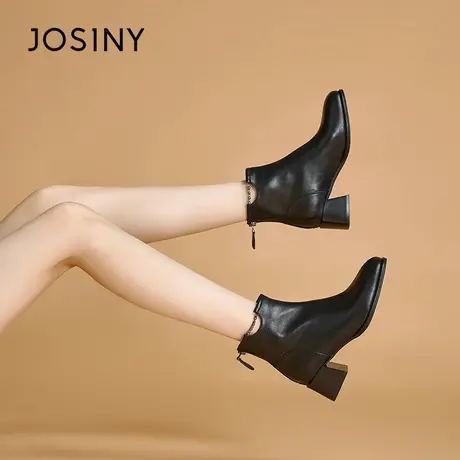 Josiny/卓诗尼黑色靴女2023秋季新款高级感粗跟短靴法式切尔西靴商品大图