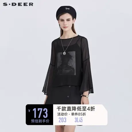 sdeer圣迪奥女装夏季时尚印花吊带两件套黑色长袖衬衫S21280508商品大图