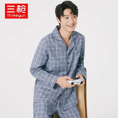 三枪家居服男纯棉秋冬花灰绒布翻领开襟纽扣格子长袖长裤睡衣套装商品大图