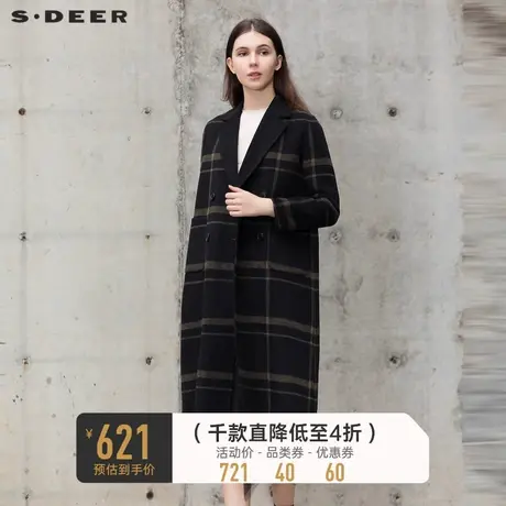 sdeer圣迪奥秋冬翻领格纹双排扣长款毛呢大衣女S21461811图片