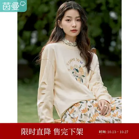 茵曼2023春女装新款时尚通勤立体绣花圆领堆堆袖宽松舒适长袖卫衣图片