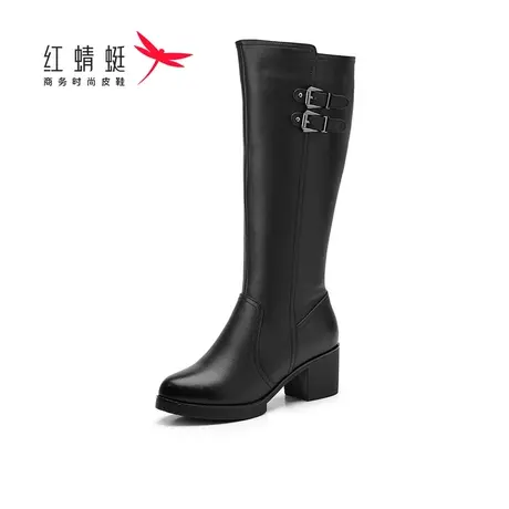 红蜻蜓女鞋女靴春秋高跟牛皮长筒靴粗跟加绒中筒靴舒适透气时尚靴商品大图