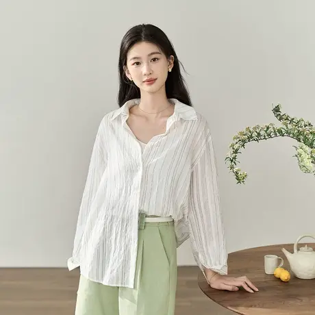 【商场同款】茵曼通勤衬衣2023夏女装新款设计感竖条纹长袖上衣商品大图