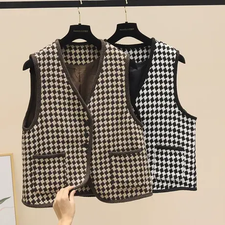 2023秋季新款棋盘格编织短款小香风外套马甲坎肩外穿背心女图片