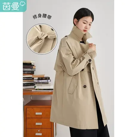 【商场同款】茵曼百搭女2023春季新款撞色宽松双排扣收腰棉涤风衣图片