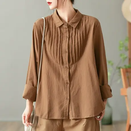 dza 复古纯棉拼接长袖衬衫春秋新款宽松上衣休闲翻领短款女士衬衣商品大图